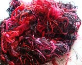 Fancy moebius cowl, luxury prism art yarn fiber necklace, red black tango colors with fringe sparkle and fluff