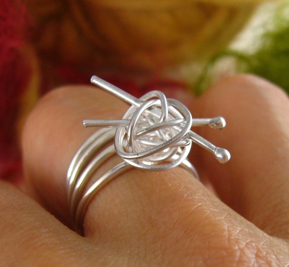 As seen in May issue of Yarnwise UK - knit me somethin' ring - sterling silver knitting ring, gift for knitter, for the love of knitting