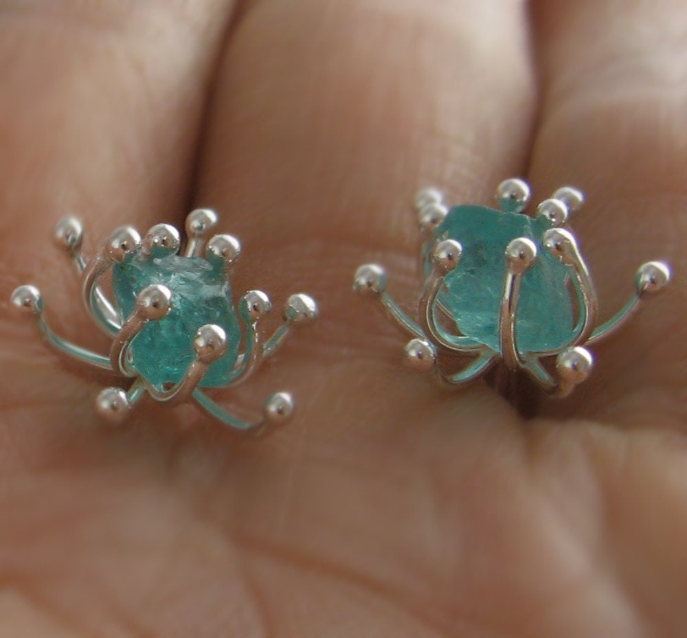 Rough apatite sea anemone stud earrings, raw gemstone, gorgeous watery-blue, OOAK