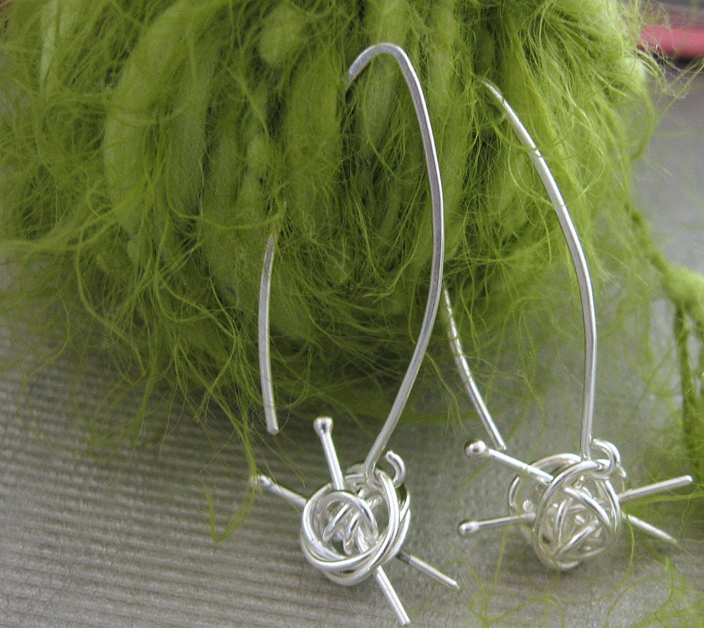 Knit me somethin' earrings - knitting earrings, gift for knitter, for the love of knitting, sterling silver handmade