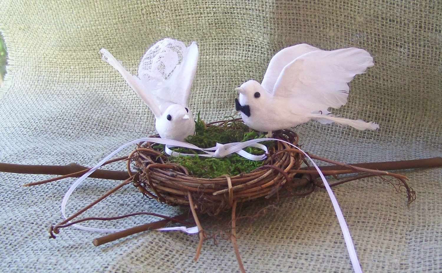 Rustic Ring Bird Nest with White Doves-Bride and Groom-Ring Bearer Pillow-Shabby Chic Twig Nest-Wedding Ring Holder