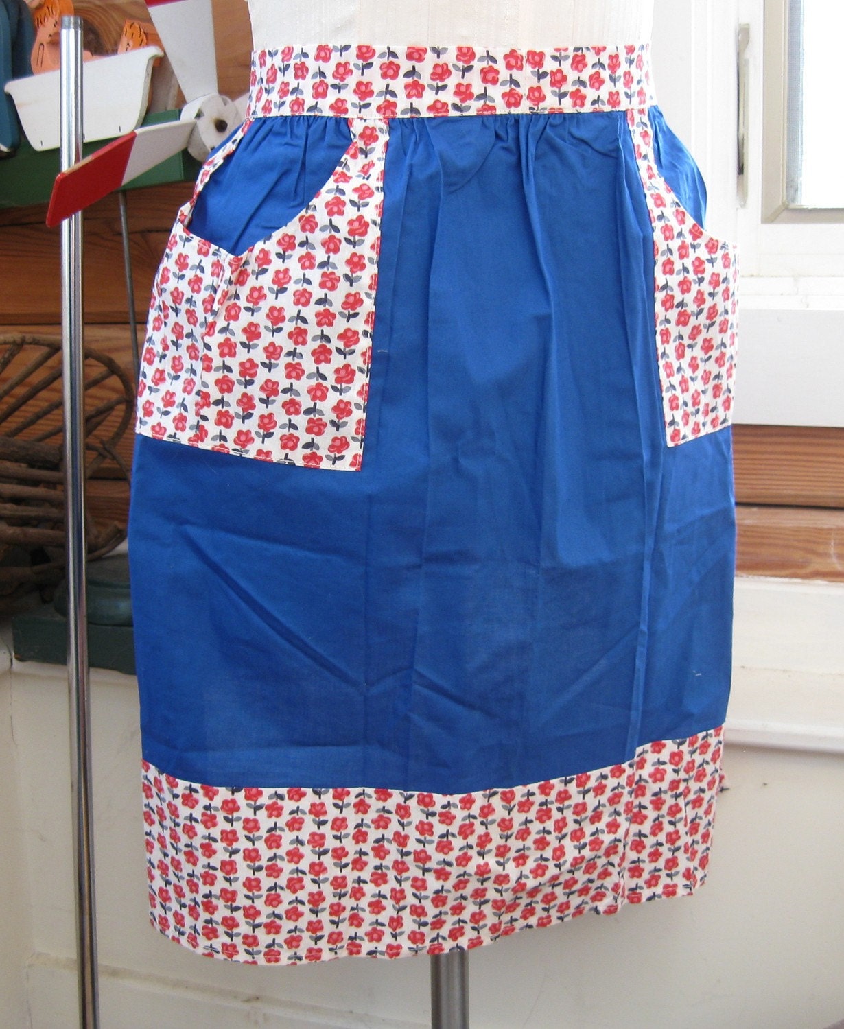 Vintage Cotton Apron Red Blue Half Style Tie at Waist Cottage Charm