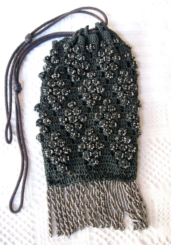 Antique Steel Bead Purse Blue Crochet Lovely Fringe