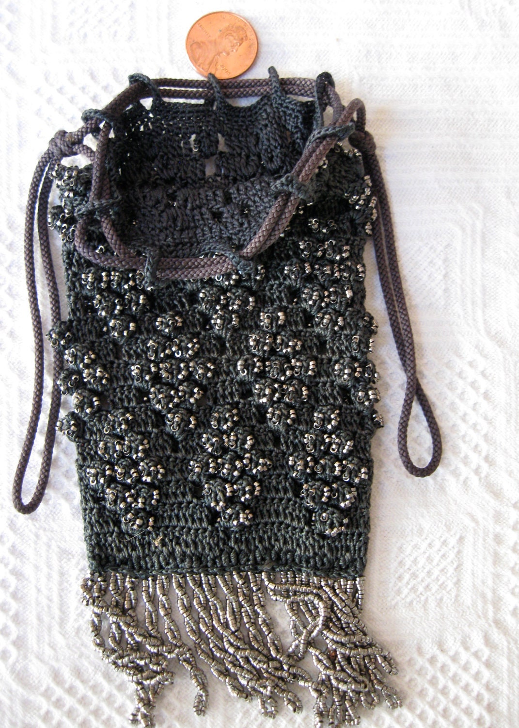 Antique Steel Bead Purse Blue Crochet Lovely Fringe