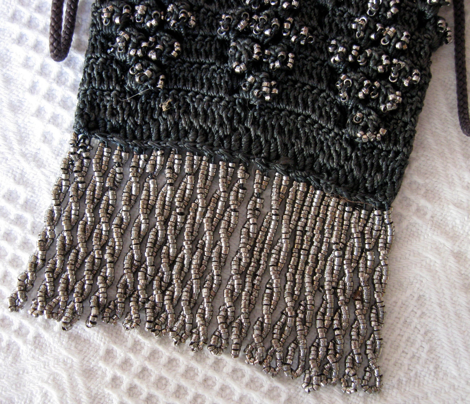 Antique Steel Bead Purse Blue Crochet Lovely Fringe