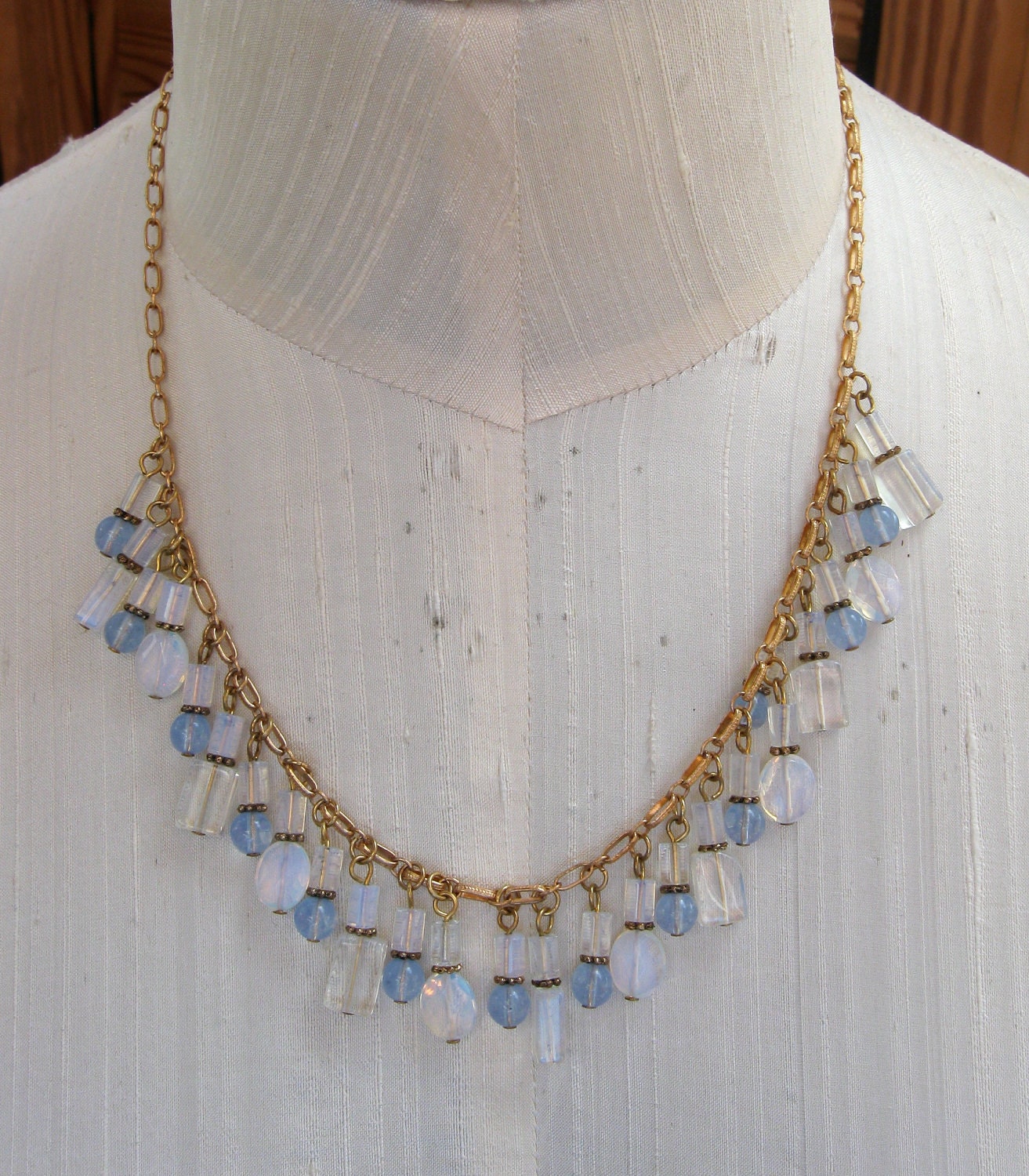 Vintage Opal Bead Necklace Opalescence Great Colors and Form Pretty Gold Chain