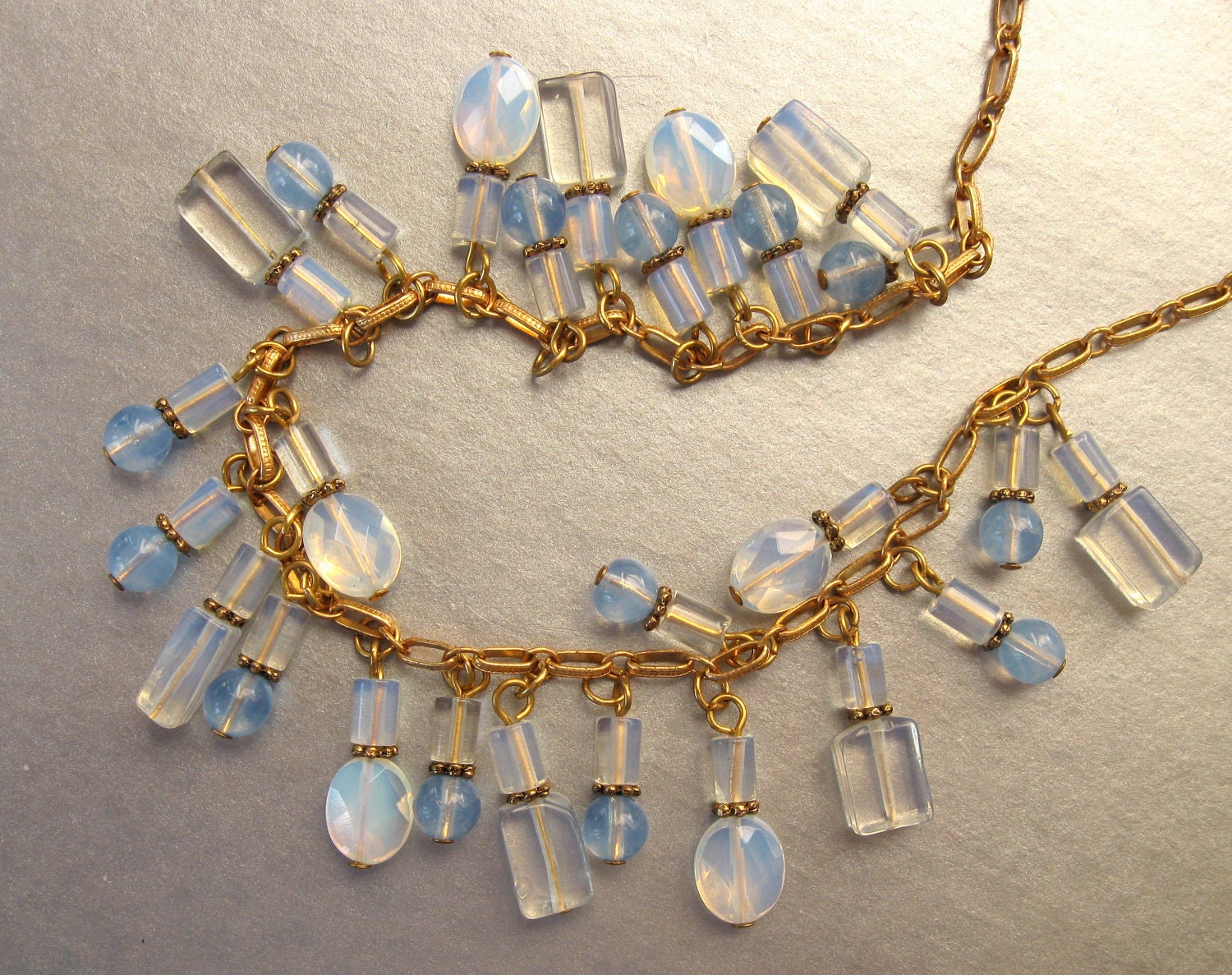 Vintage Opal Bead Necklace Opalescence Great Colors and Form Pretty Gold Chain