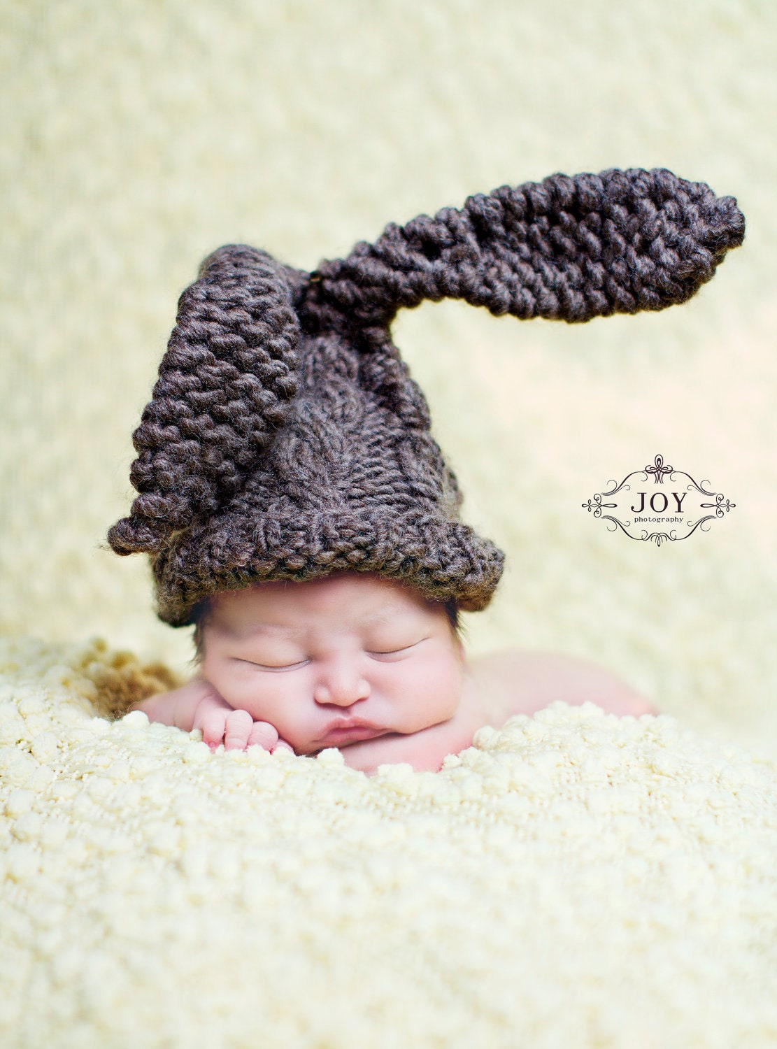 Custom Knit Cable  Alpaca Baby/Infant/ Newborn Bunny Hat in Gray or Wheat-  Cute Photo Prop