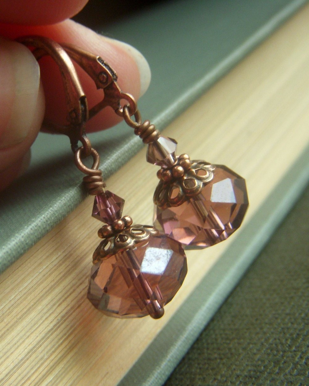 Crystal Rondelle Earrings on Antique Copper . Amethyst Rose