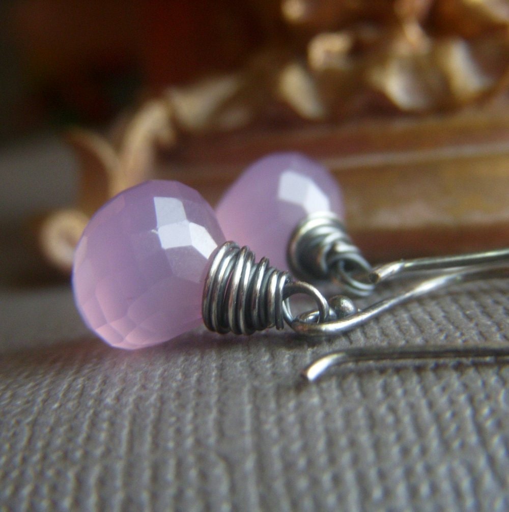 Lavender Pink Chalcedony Earrings on Oxidized Sterling . Wirewrapped Gemstone Briolette . Morning Dew
