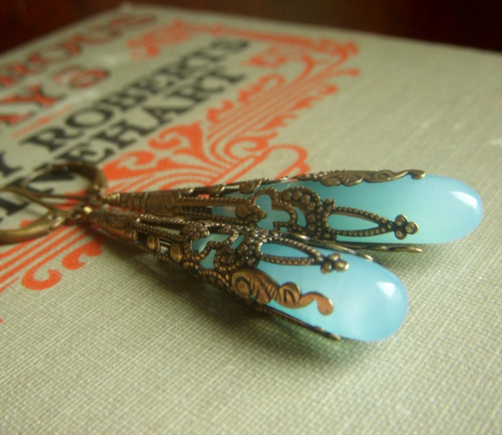 Aqua Chalcedony Earrings on Brass . Long Wirewrapped Briolette Art Nouveau . Summer Rain