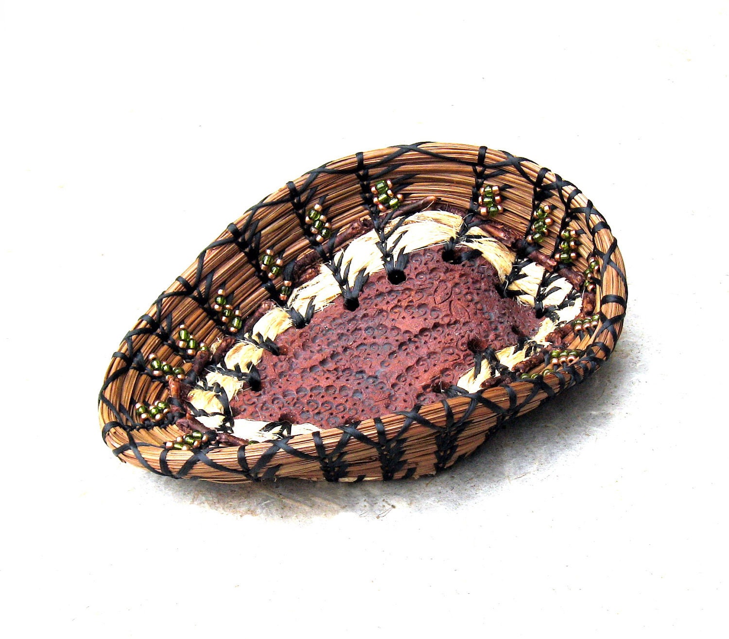 Basket Coiled Pine Needle Beaded Dish Hibiscus Fiber Stoneware Pottery Contemporary Rustic