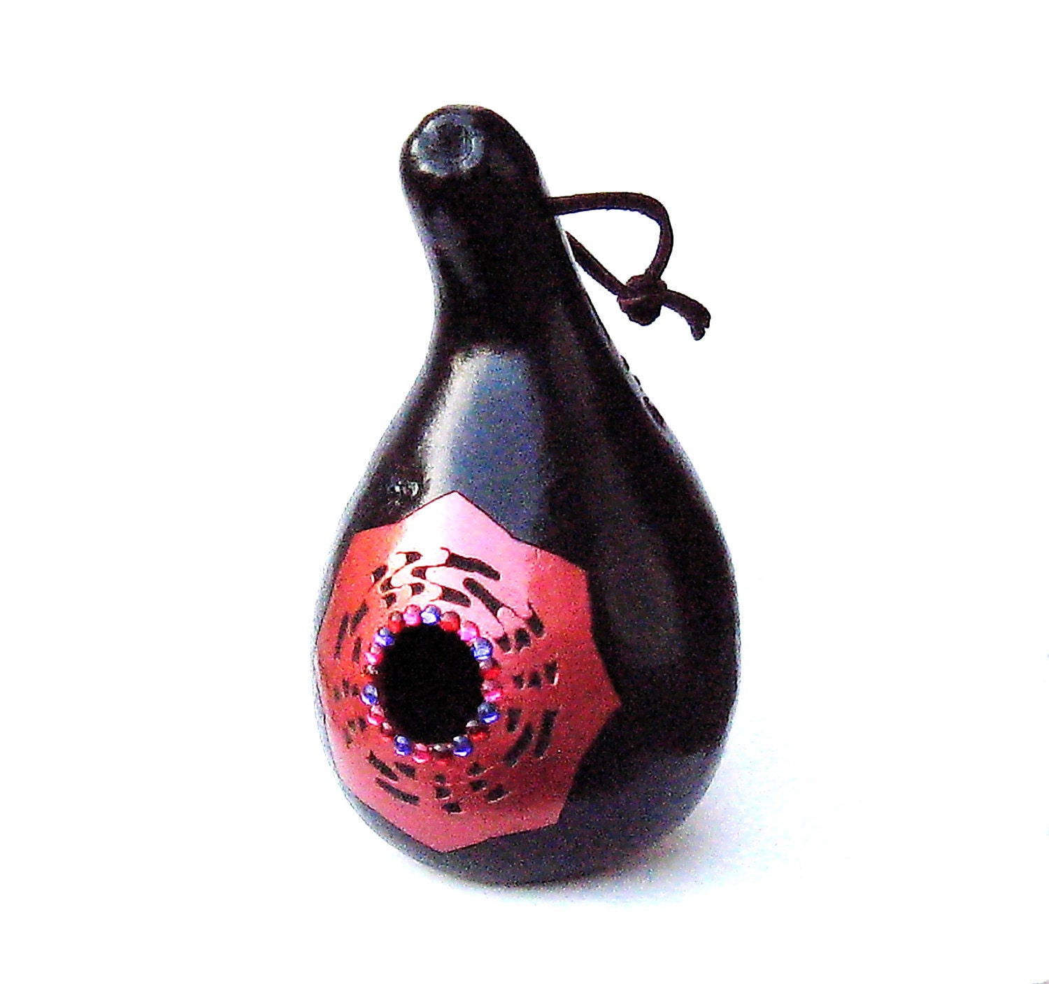 Painted Gourd Birdhouse Carved Black Metallic Red with Rhinestones