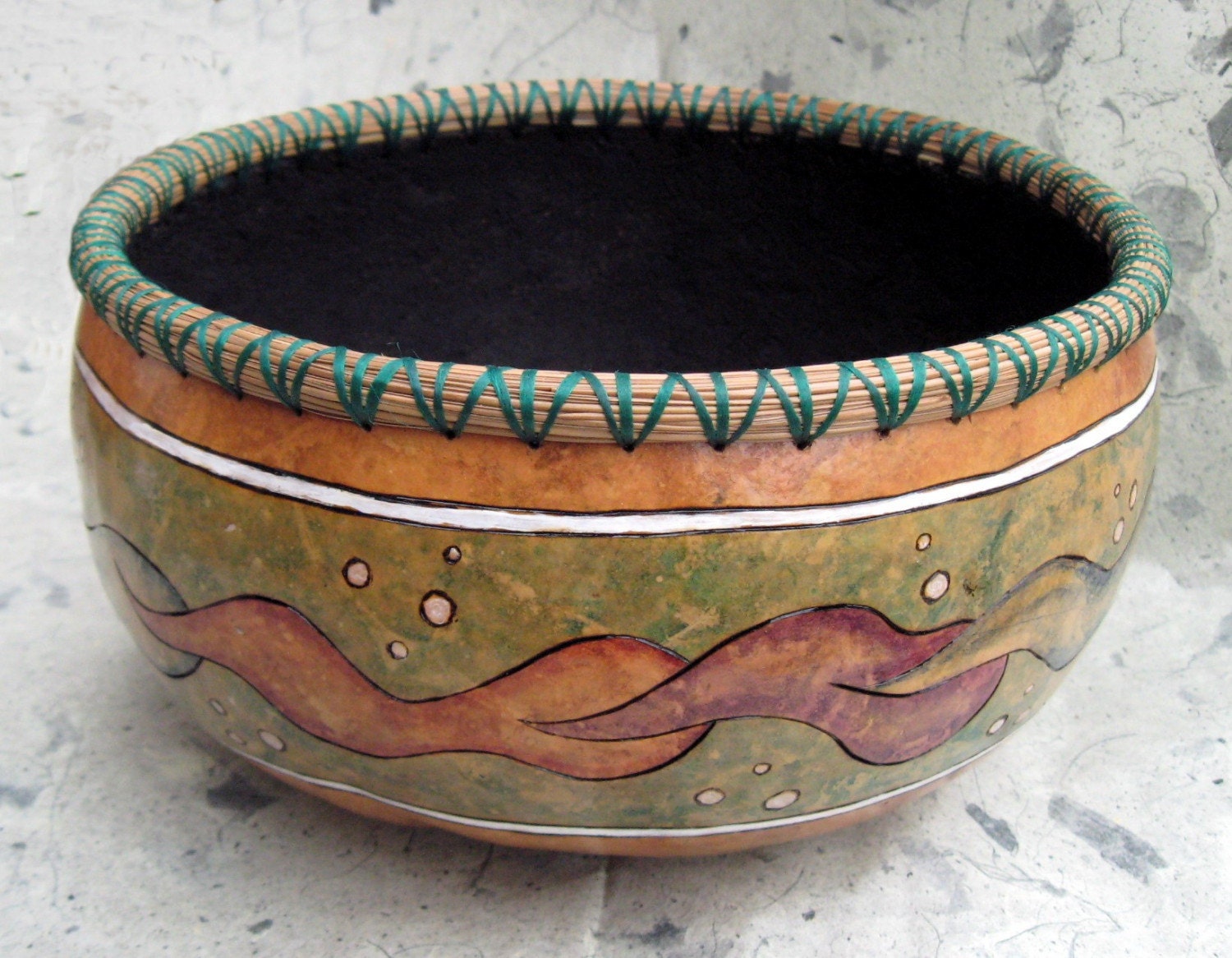 Painted Coiled Gourd Bowl Basket Pine Needles Sea Animals Green Tan Multi