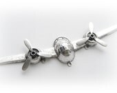 Large Vintage Airplane with Spinning Propellers - Antique Silver Ox Brass Stamping (F)