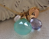 Multi Stone Necklace Charms Initial of your Choice Gold Filled Bridal Jewelry Lovely Gift, Aqua Colors, Fine Handcrafted Jewelry by lizix26