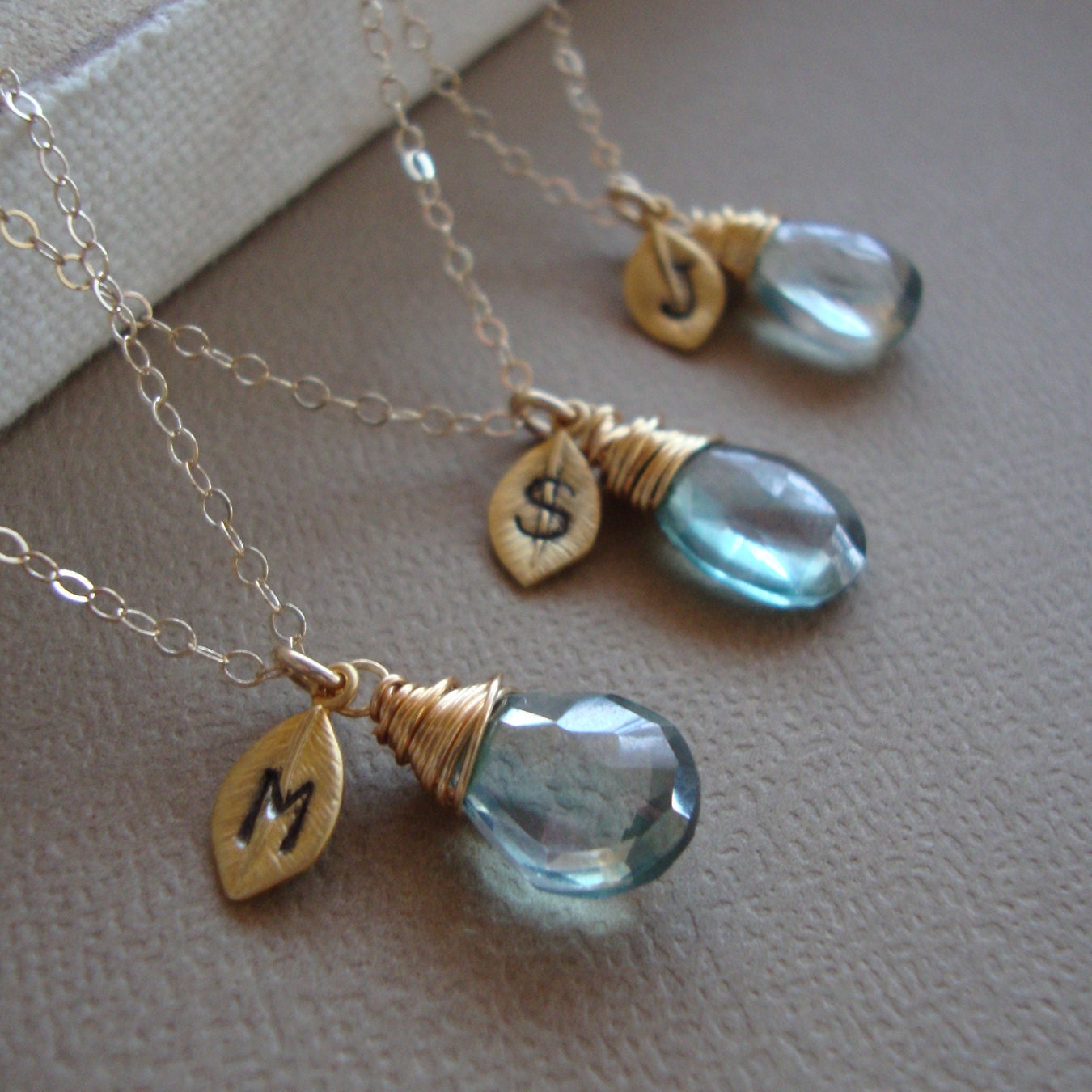 Three (3) Bridal Necklaces Hand Stamped Leaves, Gold Filled Chain, Wire Wrapped Mystic Quartz, Bridesmaids Wedding Jewelry