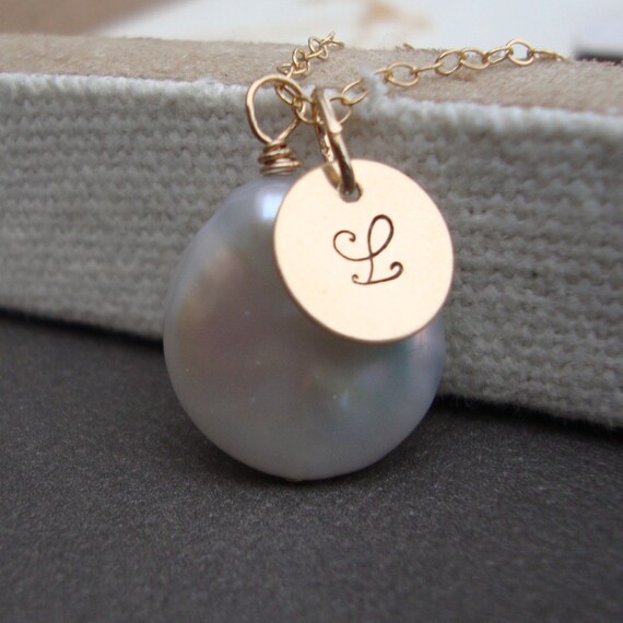 Personalized Necklace on Gold Filled & Coin Peal Initial Choice Bridal Party Wedding