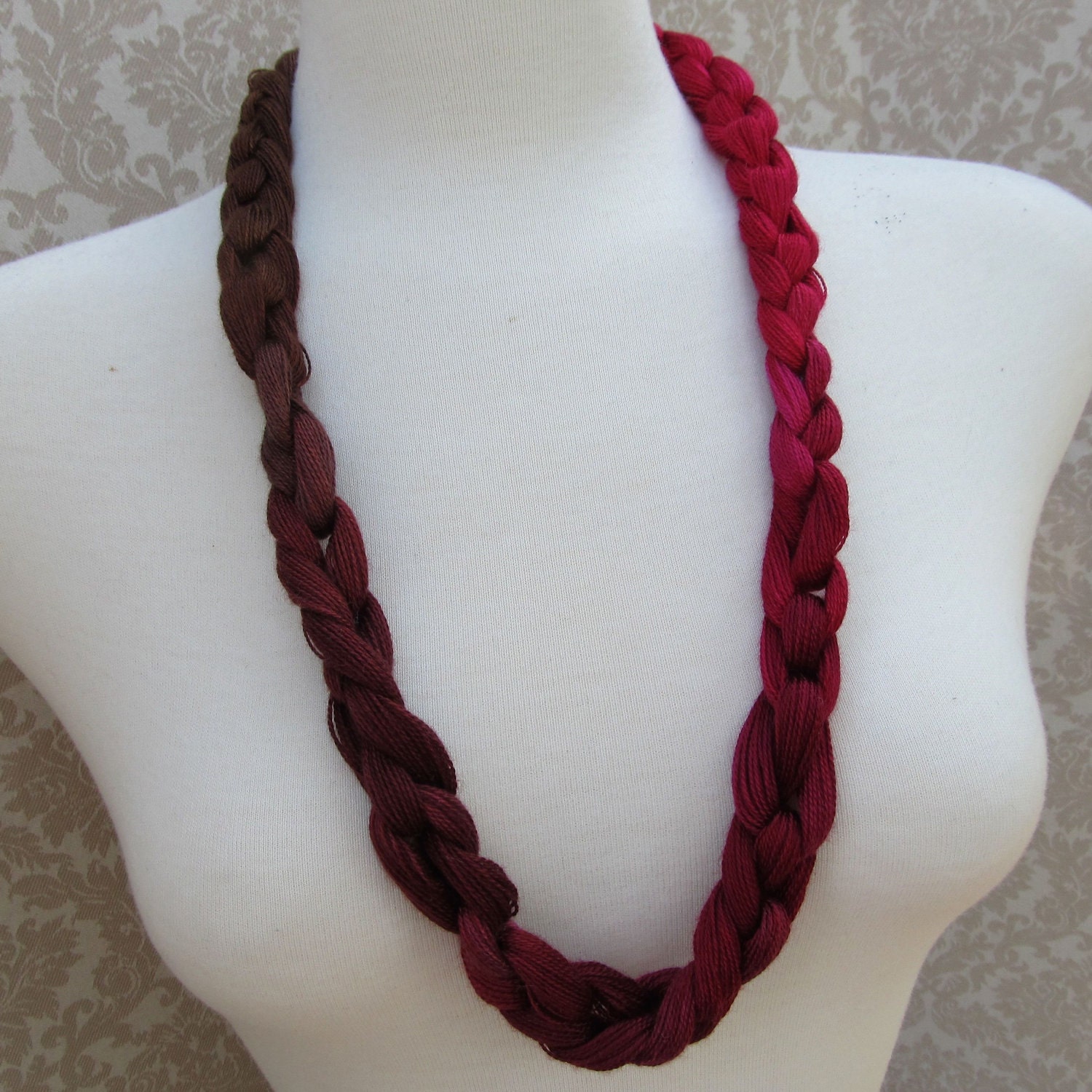 Fuchsia to Brown Crocheted Yarn Necklace