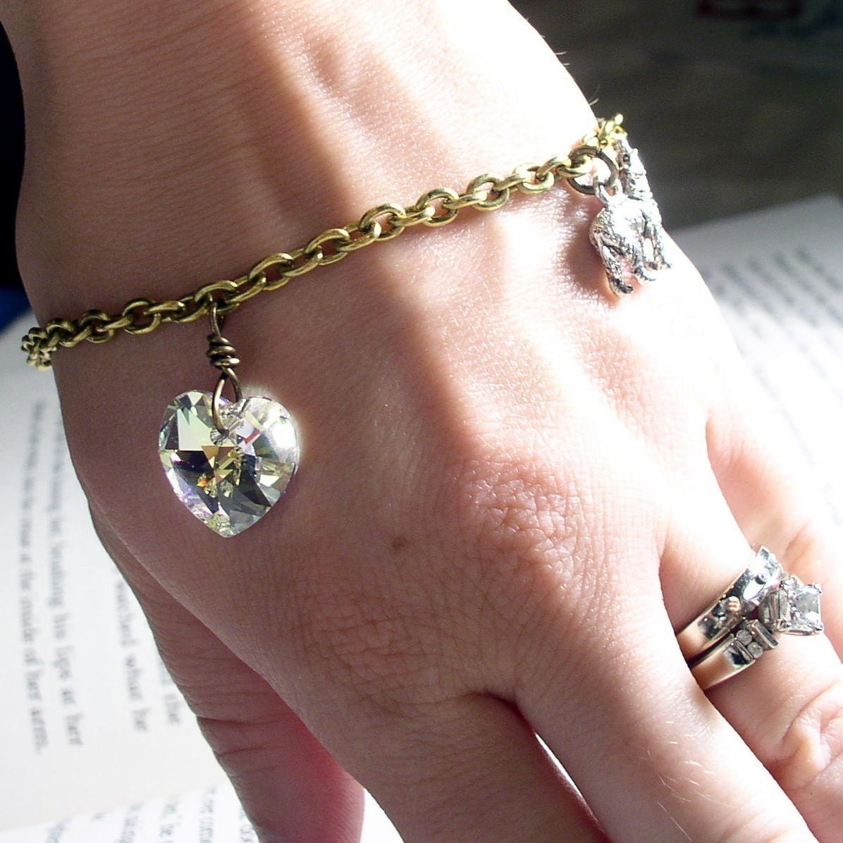 AB Swarovski Crystal Heart and Wolf Charm Bracelet