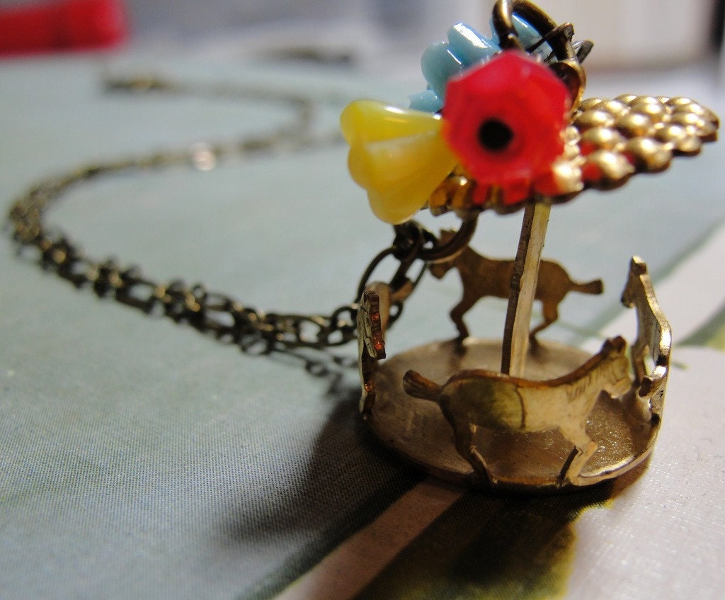 Spring Flower Carousel Charm Brass Necklace