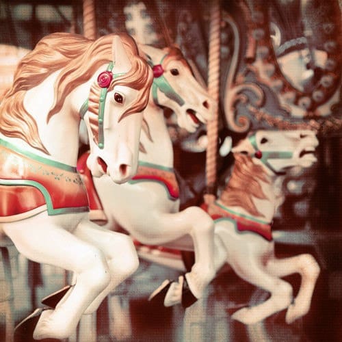 SALE Carnival Photograph, Round the Bend, 8x8, Carousel Horses, Nursery Decor