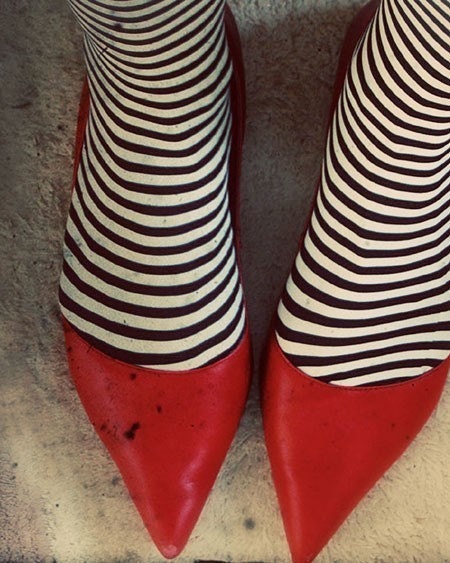Whimsical Red Shoes Photograph, Dorothy, 5x7 Print,  Striped Socks Oz Portrait