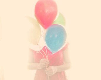 SALE Surreal Balloon Portrait, 5x5 Photograph, Party Girl, Whimsical Photo, Pale Pink