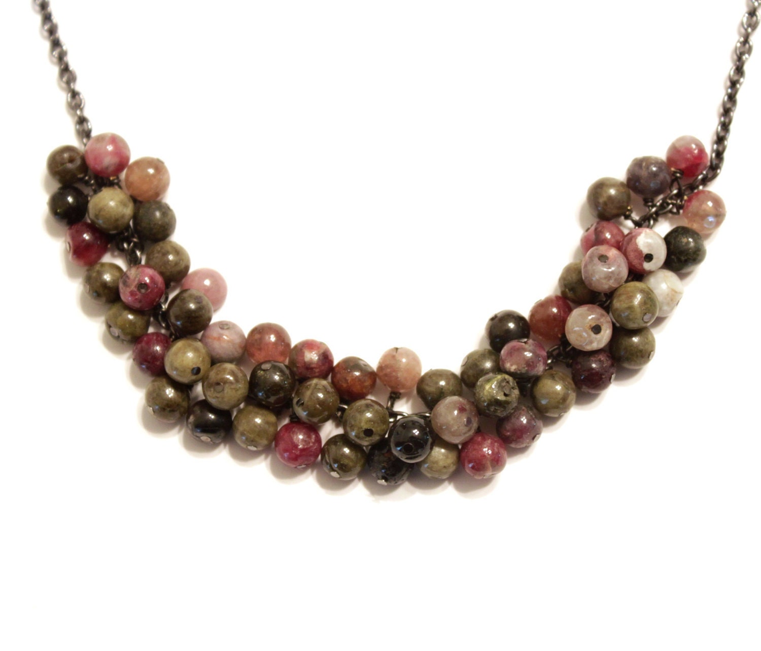 Pink and green watermelon tourmaline gemstone bubble necklace on black chain