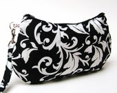 Bridal Clutch Purse Pleated Wristlet  White Scroll Damask Swirls on Black