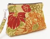 Clutch Purse Zippered Wristlet  Indian Red and Orange Flowers on Sand Beige Burlap Brown