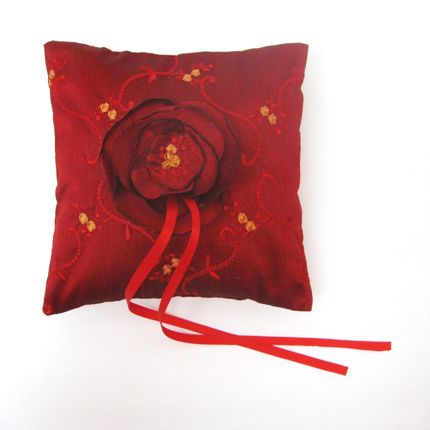 Wedding Ring Bearer Pillow Golden Flowers on Magenta Red