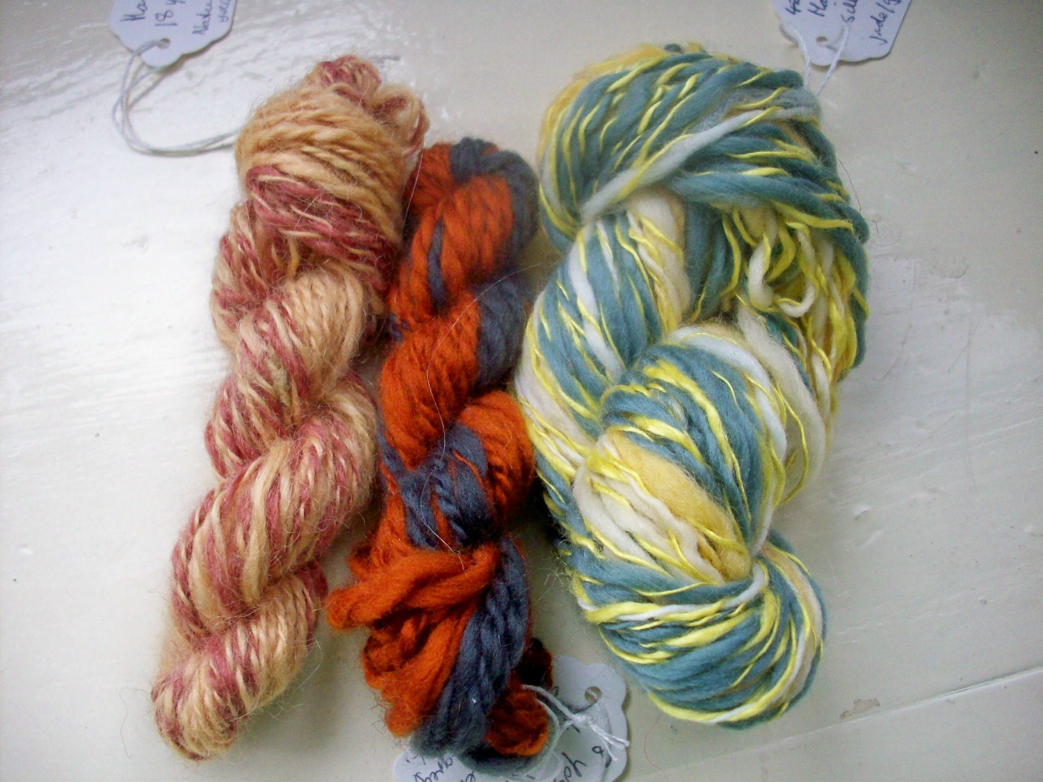 Handspun mini skeins - fun merino silk natural dyed jade yellow brown gray