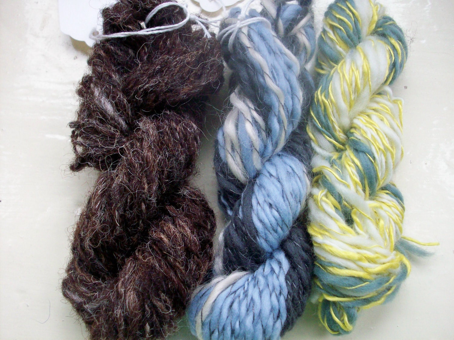 Handspun mini skeins - fun merino silk natural dyed jade yellow brown gray