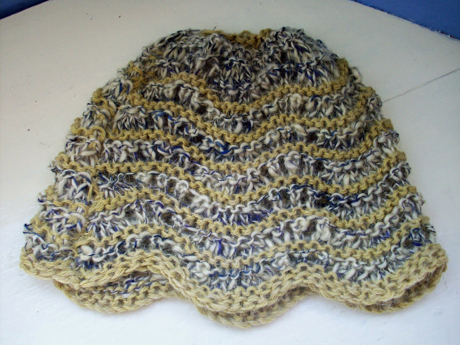 Handspun beanie hat - natural dyed hand knit alpaca silk lacy olive, straw, blue