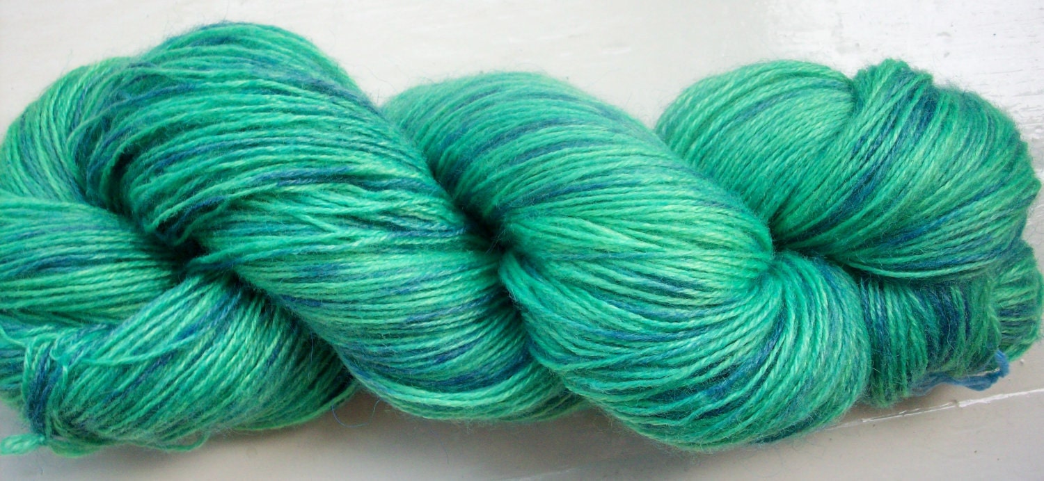 Hand painted yarn 100g. angora laceweight green blue