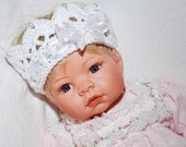 Baby Girl Crochet crown white with Pearls and ribbon baby photography prop