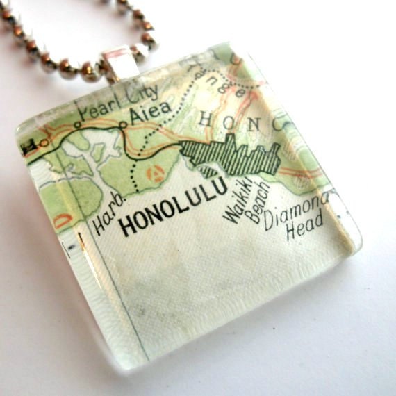 Glass Tile Map Necklace - Honolulu