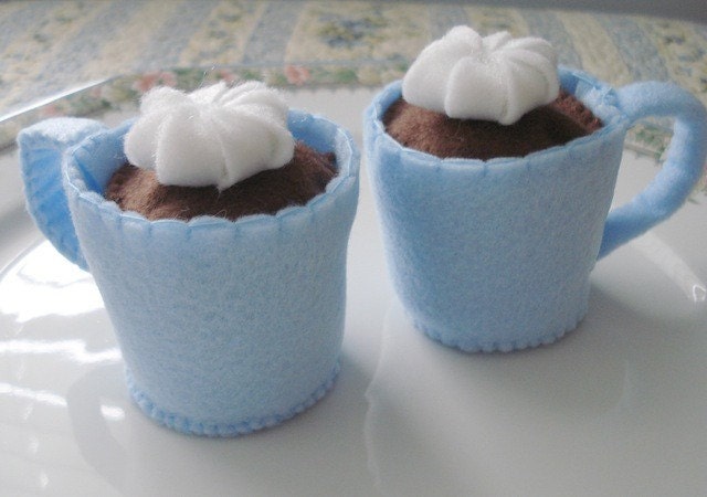 Two Light Blue Mugs of Hot Chocolate Eco Friendly Felt Play Food