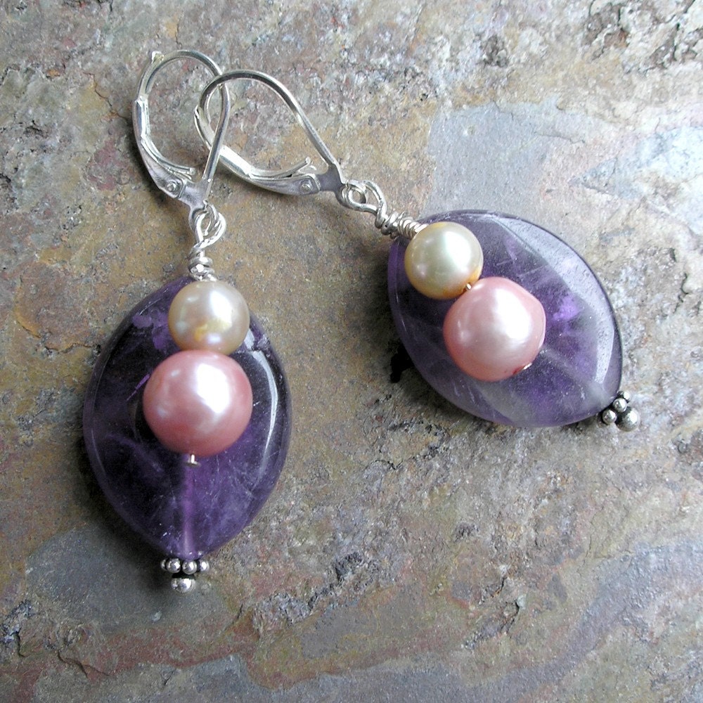Amethyst/Pearl/Silver Earrings- Amethyst, Freshwater Pearl, Silver Drop Earrings
