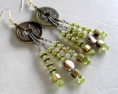 Ethnic Earrings- Peridot, Pearls and I Ching Coins Dangle Earrings- Wealth Earrings