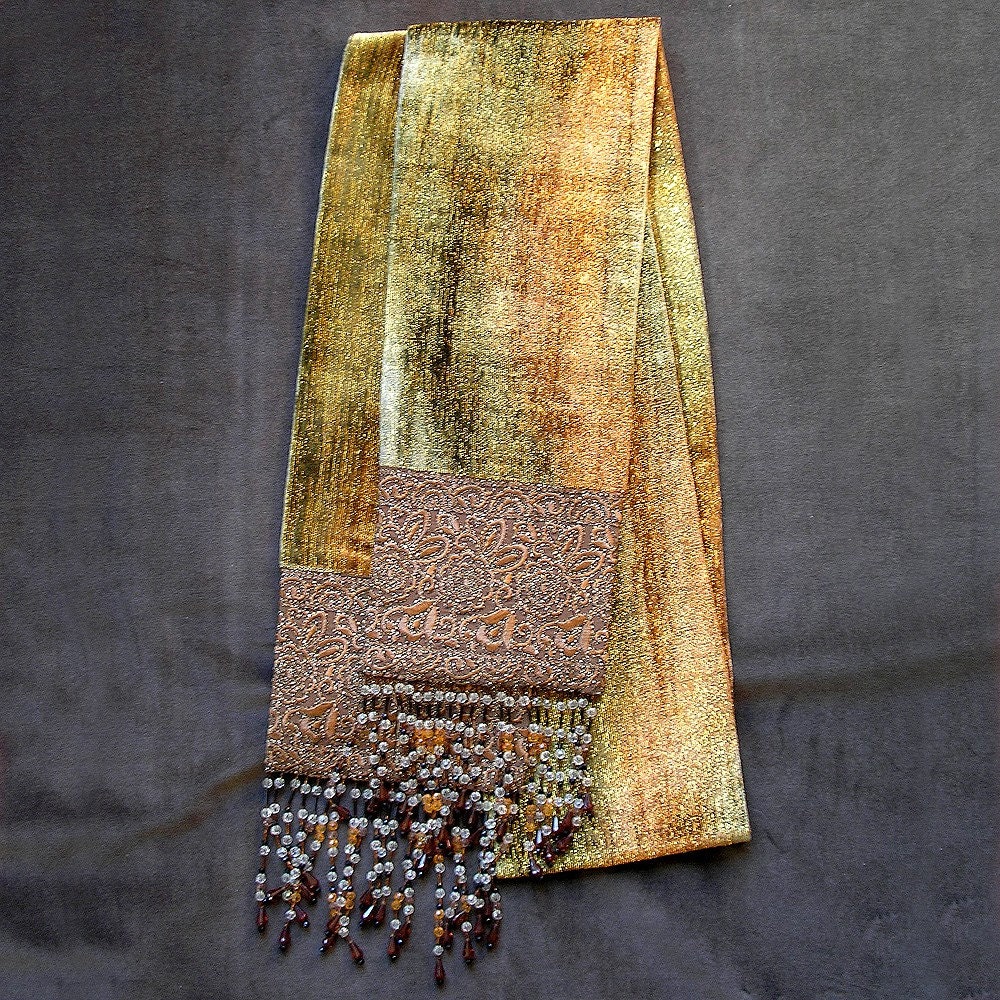 Velvet Beaded Scarf- Earth Tone Velvet, Beaded Fringe Scarf