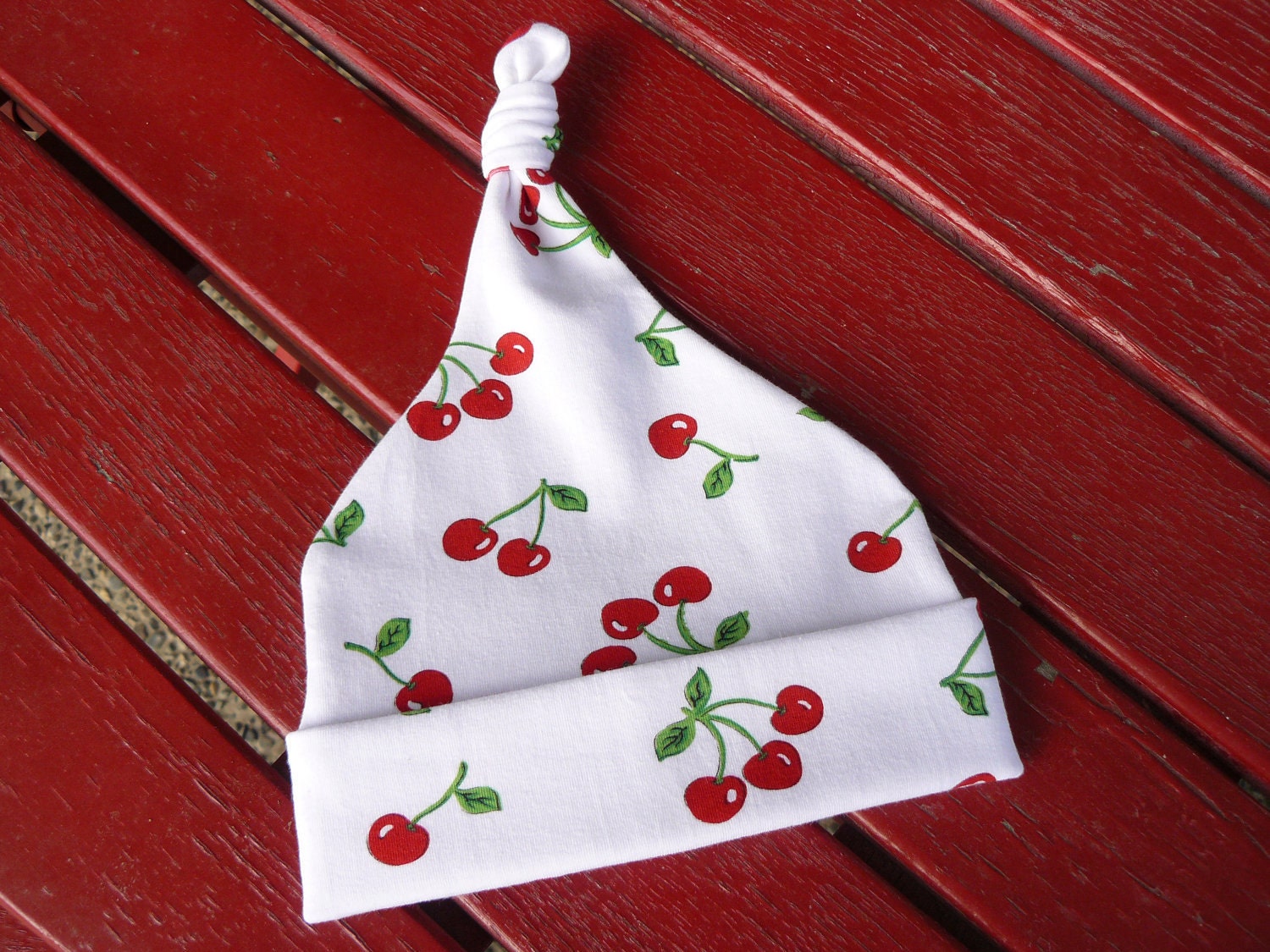Baby Tie Knot Beanie in Cherries Jubilee