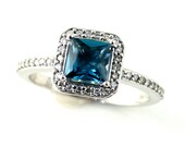 14K London Blue Topaz Diamond Ring Gemstone Engagement Ring Custom Princess Halo Setting 18K White Yellow Rose Gold Platinum