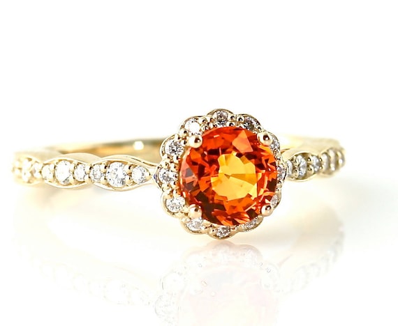 Reserved 14K Orange Sapphire Ring with Diamond Halo Custom Bridal Jewelry