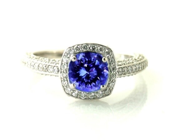 14K Tanzanite Ring Tanzanite Engagement Ring Diamond Halo Setting 18K Gold Platinum Palladium Custom Bridal Jewelry