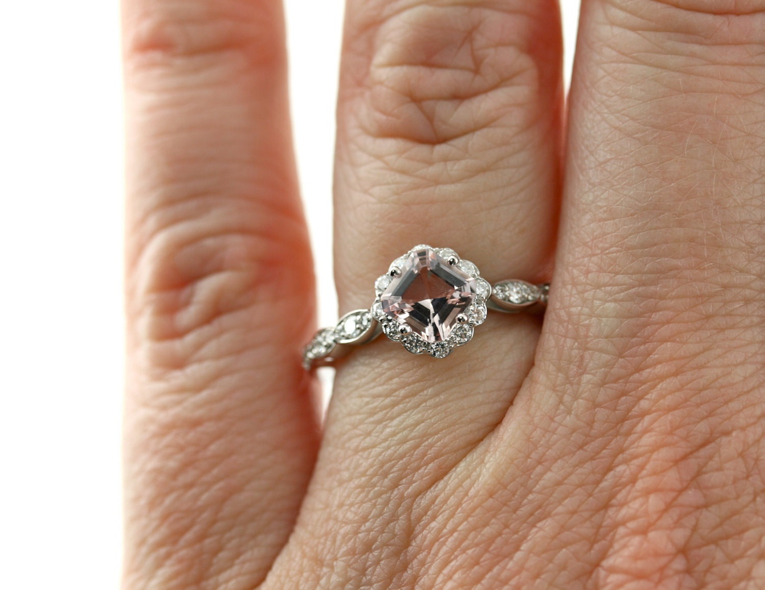 14K Asscher Morganite Diamond Wedding Set Engagement Ring & Band Custom Bridal Jewelry