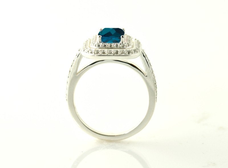 14K London Blue Topaz Ring Double Diamond Halo Engagement Ring 14K 18K White Yellow Rose Gold Bridal Jewelry