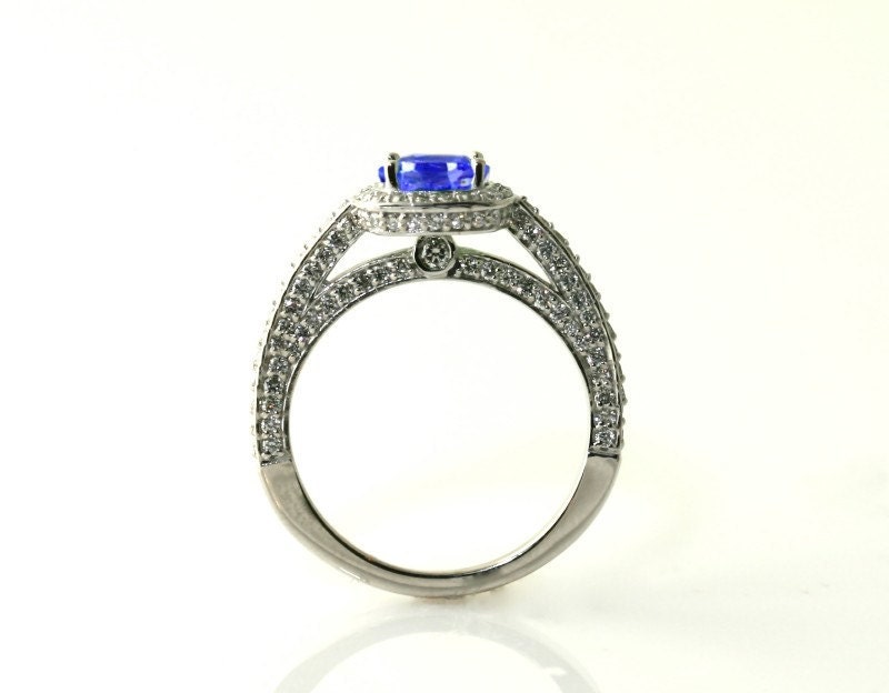 14K Tanzanite Ring Tanzanite Engagement Ring Diamond Halo Setting 18K Gold Platinum Palladium Custom Bridal Jewelry