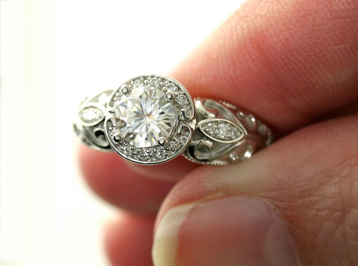 14K Vintage Moissanite Engagement Ring Diamond Halo Art Nouveau Moissanite Ring Custom Bridal Jewelry